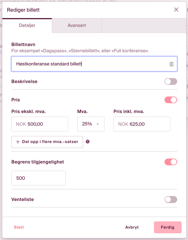 rediger billett