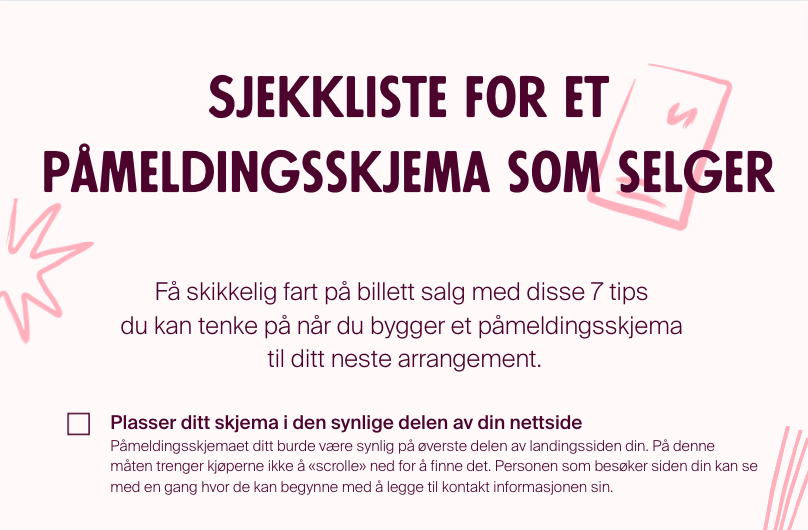 Sjekkliste for et påmeldingsskjema som selger