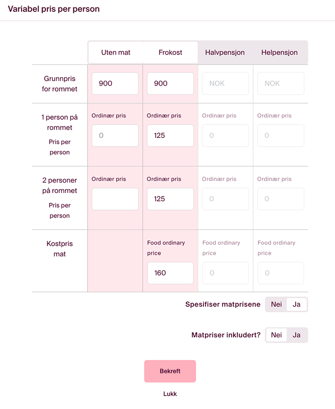 oppsett-booking-variable pris