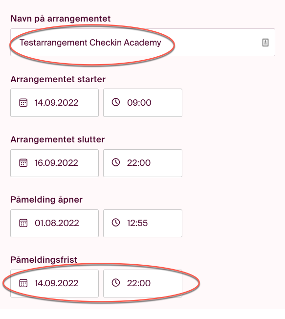 navn på arrangement og frist